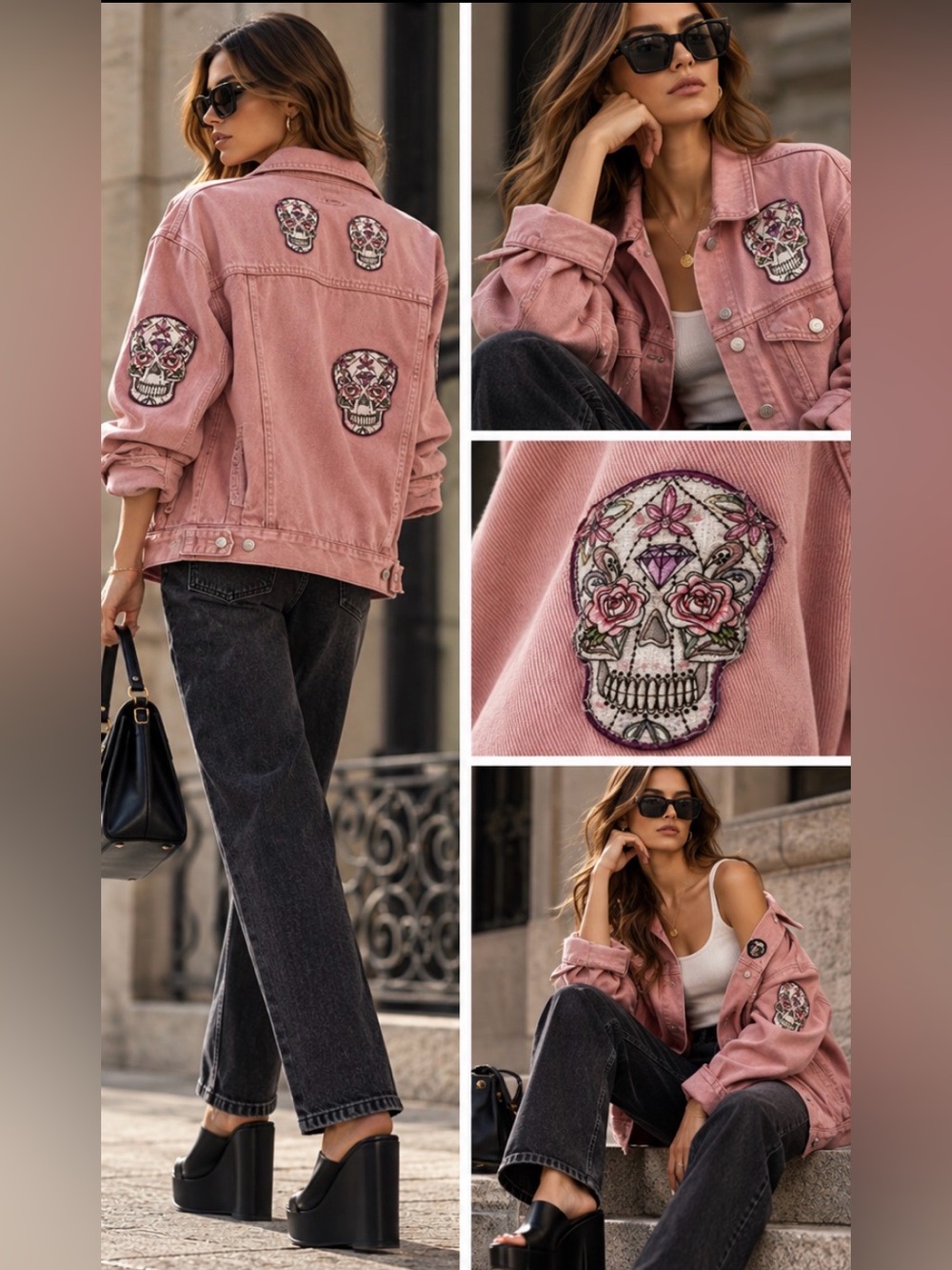 Miss Guided Pink Custom Skull Face Jean Jacket